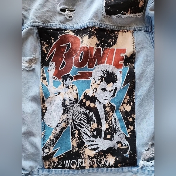 SOLD | Upcycled David Bowie Custom Denim Jean Jacket Distressed Bleached M - Picture 9 of 15
